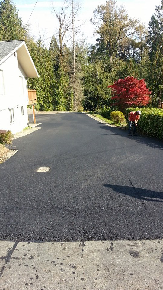 Worker clearing shrubs on a newly paved driveway